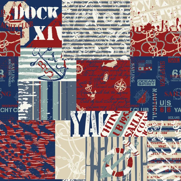 Vintage Stile Nautico Elementi Nautici Vela Patchwork Grunge Vector Modello — Vettoriale Stock