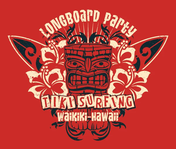 Hawaii Waikiki Tiki Longboard Surfing Team Vektor Print För Shirt — Stock vektor