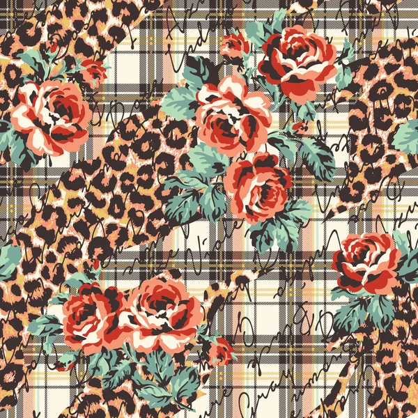 Flores Rosas Com Tipografia Pele Leopardo Xadrez Tartan Fundo Abstrato — Vetor de Stock