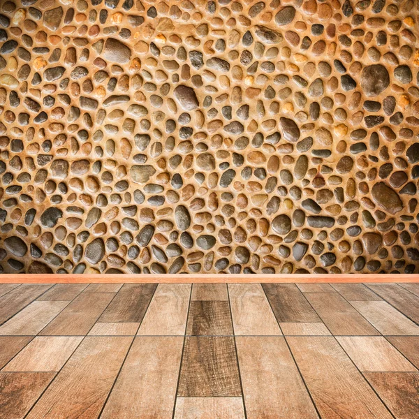 Interior de la pared de piedra con piso de madera en primer plano —  Fotos de Stock