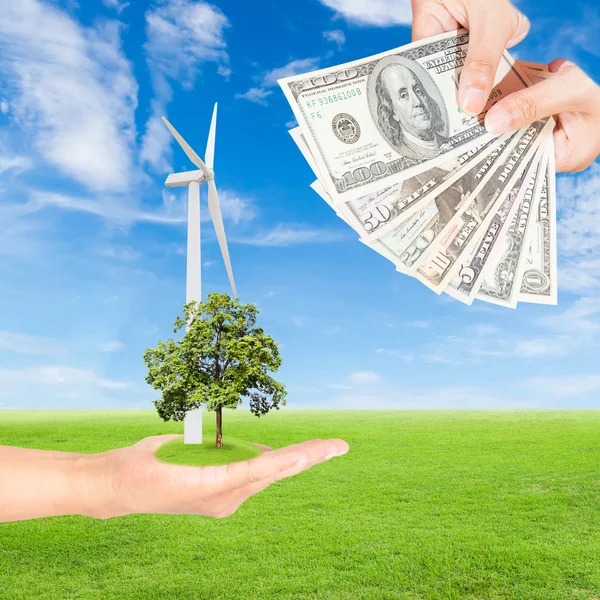 Hand met windturbine met boom en Us Dollars bankbiljet — Stockfoto