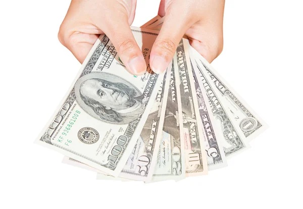 Lady hand holding dollars banknote — Stock Photo, Image