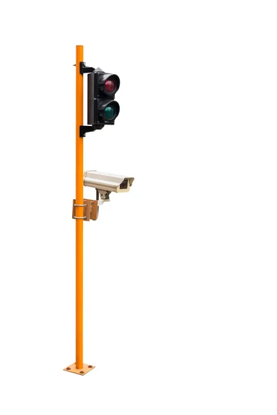Pilar semáforo e câmera de segurança isolado no bac branco Fotografia De Stock