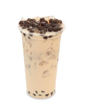 paket servisi olan restoran cam üzerinde beyaz backgrou izole kabarcık buz çay süt