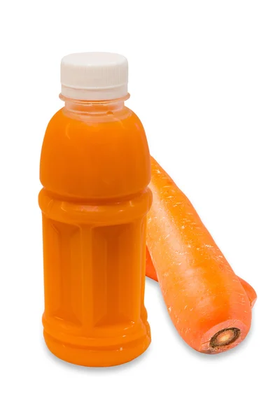 Fresh carrot juice in plastic bottle with fruit isolated on whit — Stock Photo, Image