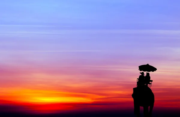 Silhouette éléphant avec touriste au coucher du soleil — Photo