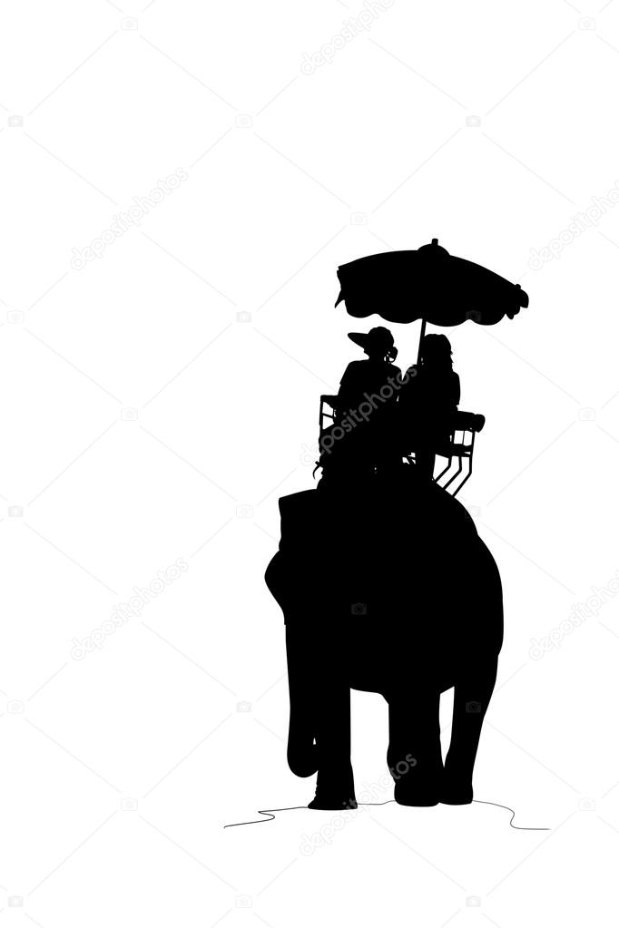 silhouette elephant and tourist on white background with clippin