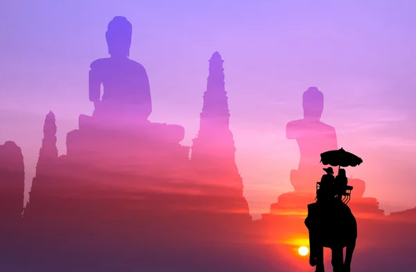 Silhouette elephant with tourist with big buddha background at s — Stock Photo, Image
