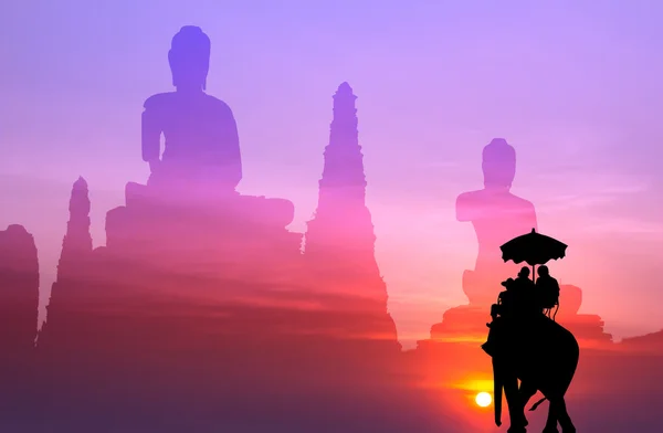 Silhouette elephant with tourist with big buddha background at s — Stock Photo, Image