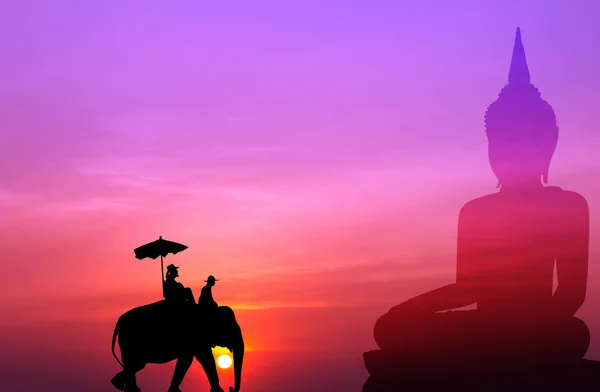S で大きな仏像の背景を持つ観光シルエット象 — ストック写真