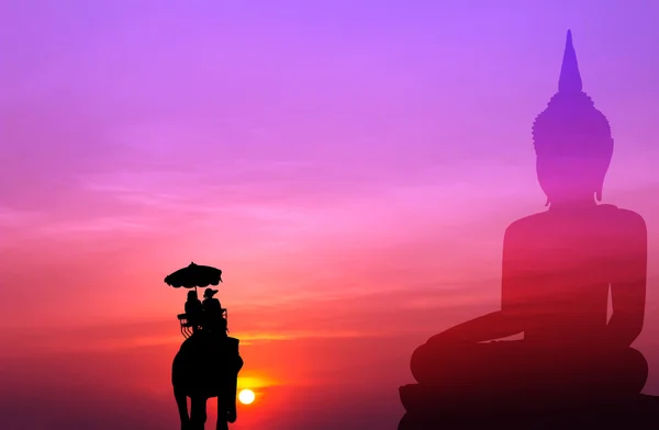 Silhouette elephant and tourist with big buddha at sunset,visit — Stock Photo, Image