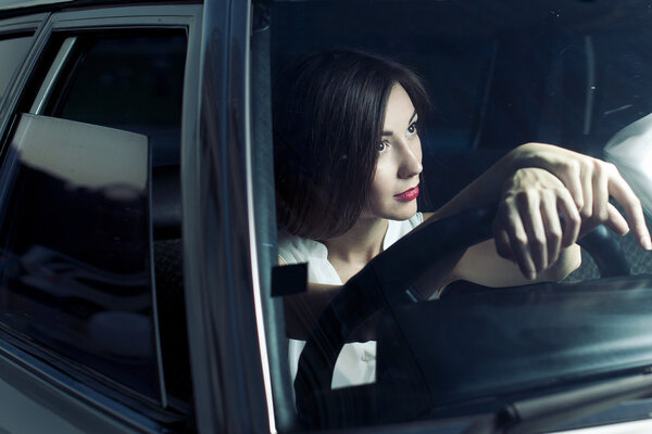 young girl poses near retro car warm autumn