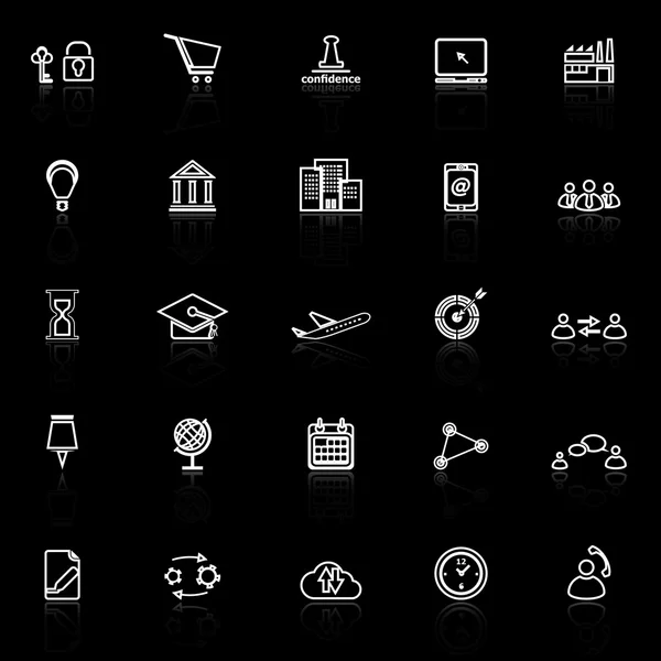 Business connection line icons with reflect on black background — Stock Vector