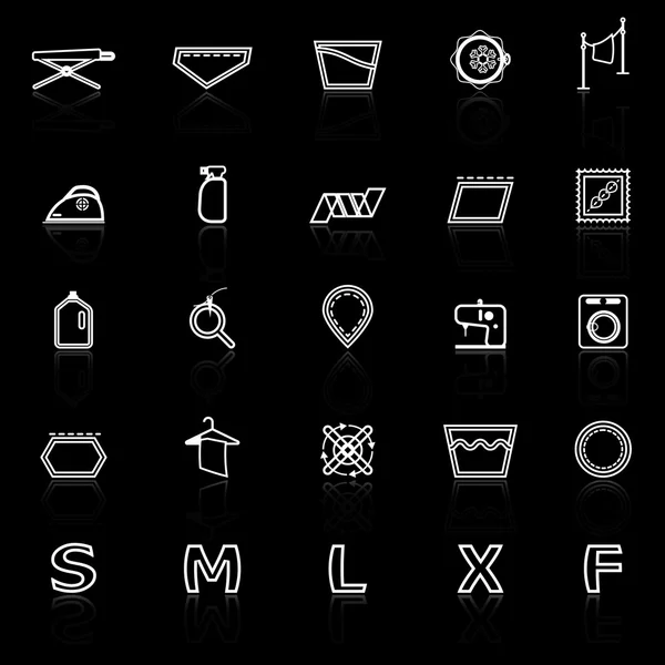 Cloth care sign line icons with reflect on black — Stock Vector