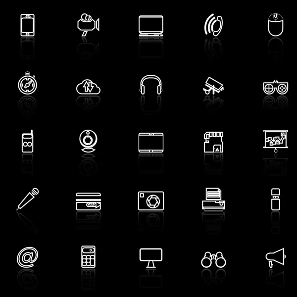 Gadget line icons with reflect on black — Stock Vector