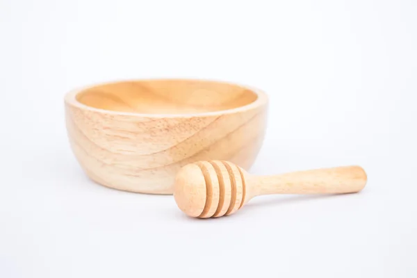 Wooden bowl and dipper on white background — Stock Photo, Image