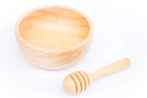 Wooden bowl and dipper on white background — Stock Photo, Image