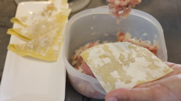 Voorbereiding dumplings door inwikkeling gevuld om deeg ei — Stockvideo