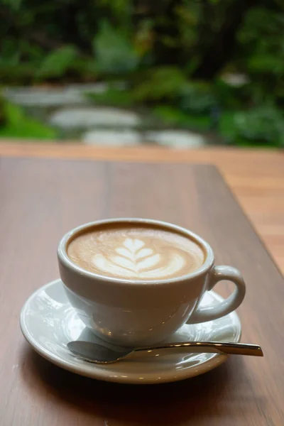 Hot Coffee Cup Wooden Table Stock Photo — Stock Photo, Image