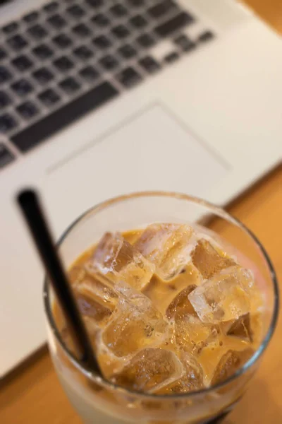 Iced Milk Coffee Drink Easy Breakfast Freelancer Stock Photo — Stock Photo, Image