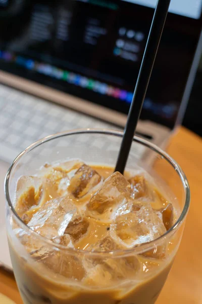 Iced Milk Coffee Drink Easy Breakfast Freelancer Stock Photo — Stock Photo, Image