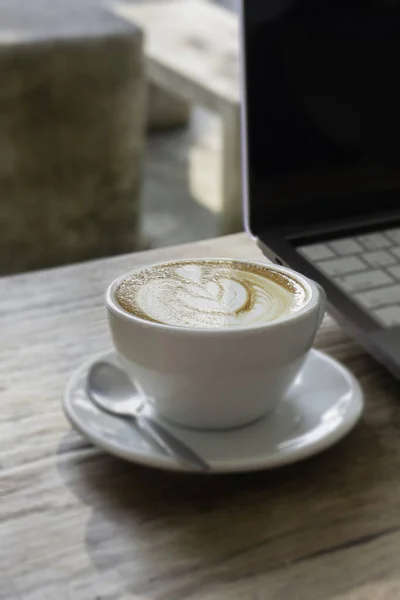 Morning Coffee Latte Wood Desk Work Home Office Stock Photo — 스톡 사진