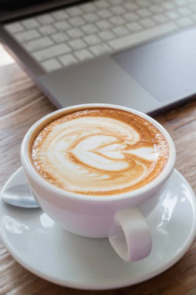 Morning Coffee Latte Wood Desk Work Home Office Stock Photo — 스톡 사진