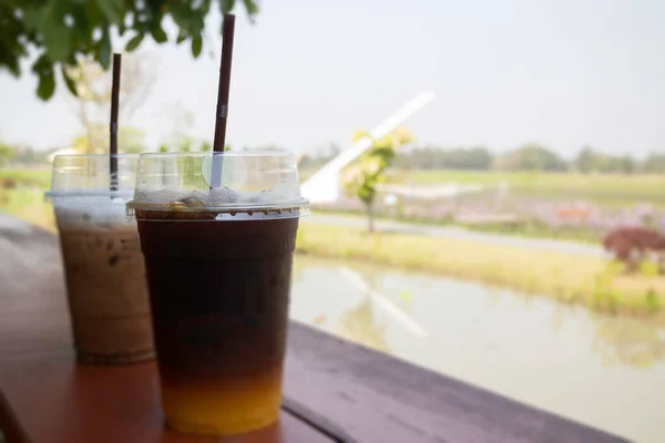 Iced Americano Coffee Fresh Orange Juice Drink Stock Photo — Stock Photo, Image