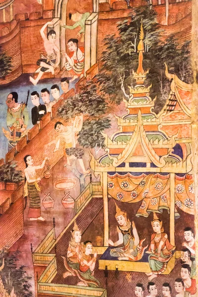 Traditional art of painting on ancient wall in Thai temple — Stock Photo, Image