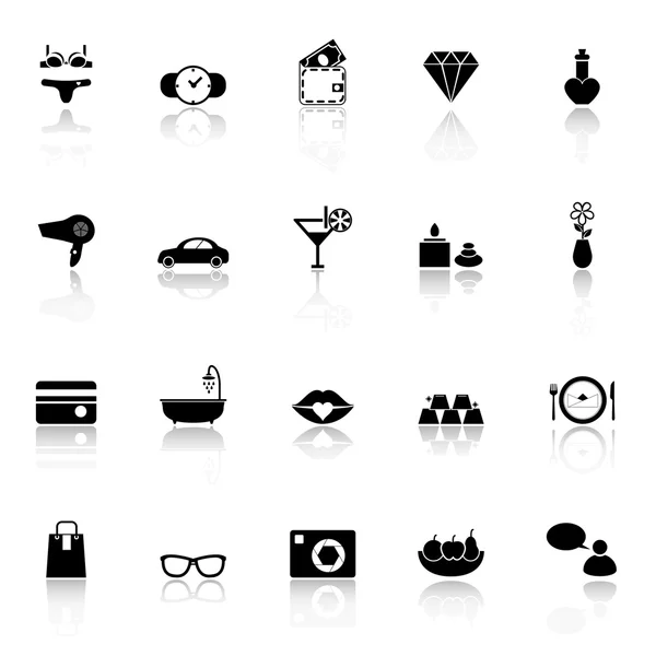 Lady related item icons with reflect on white background — Stock Vector