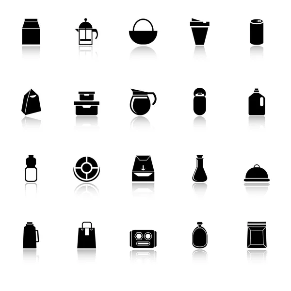 Verschillende voedsel pakket icons met weerspiegelen op witte achtergrond — Stockvector