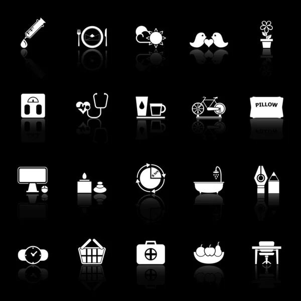 Health behavior icons with reflect on black background — Stock Vector