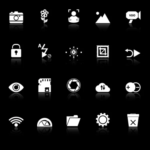 Iconos de signo de fotografía con reflexionar sobre el fondo negro — Archivo Imágenes Vectoriales