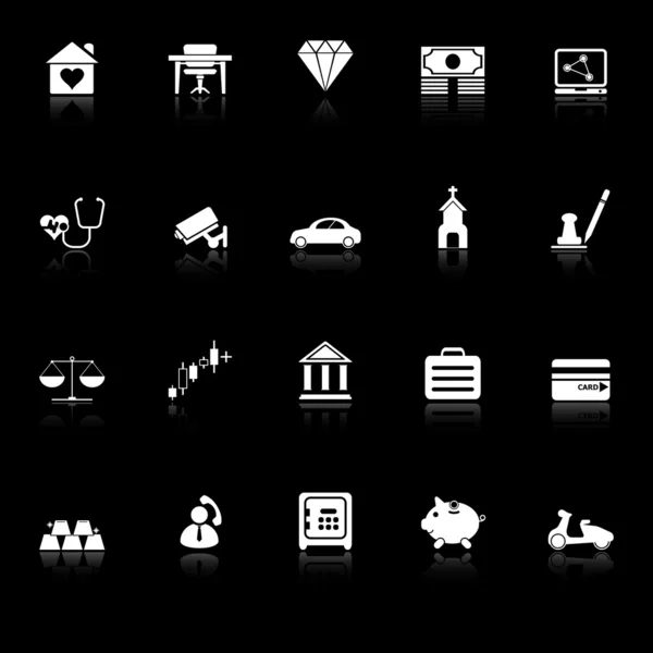Iconos relacionados con seguros con reflexionar sobre el fondo negro — Vector de stock