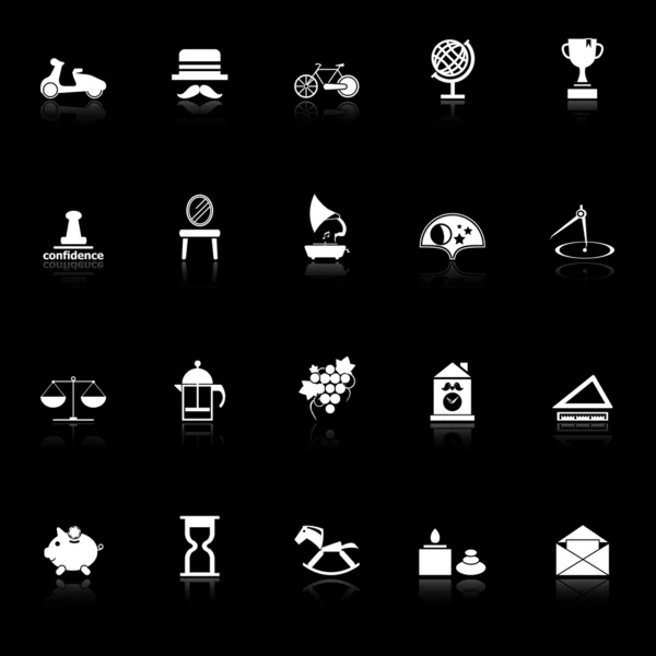 Vintage item icons with reflect on black background