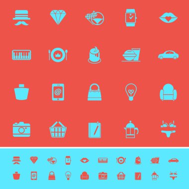 Department store item category color icons on red background clipart