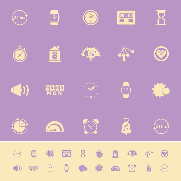 Iconos de color relacionados con el tiempo sobre fondo violeta — Archivo Imágenes Vectoriales