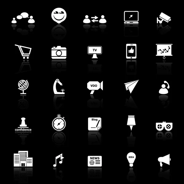Media marketing icons with reflect on black background — Stock Vector