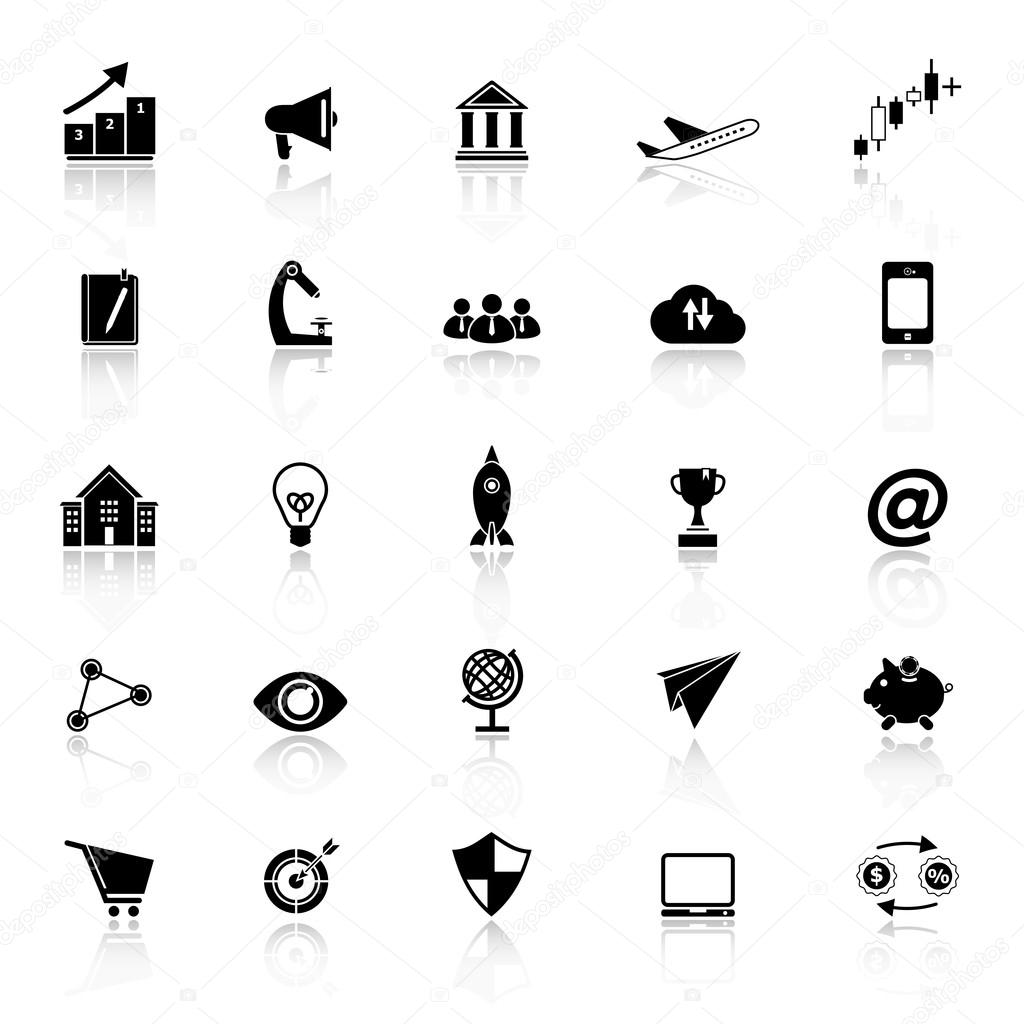 Startup business icons with reflect on white background
