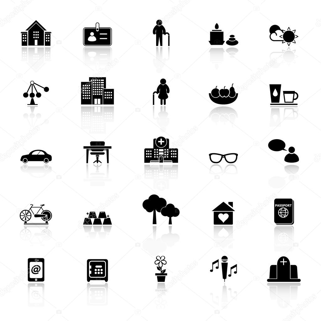 Retirement community icons with reflect on white background