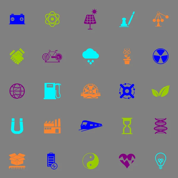 Renewable energy icons fluorescent color on gray background — Stock Vector