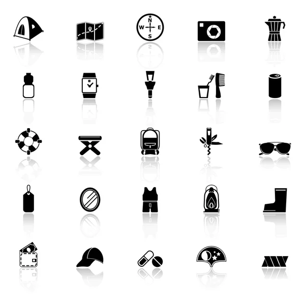 Camping necessary icons with reflect on white background — Stock Vector