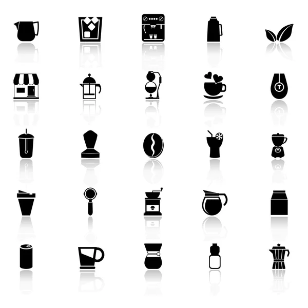 Koffie en thee pictogrammen met weerspiegelen op witte achtergrond — Stockvector