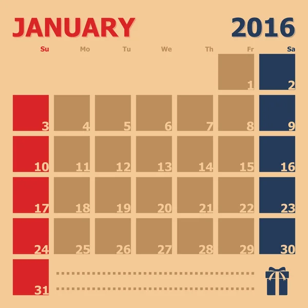 Januari 2016 maandelijkse kalendersjabloon — Stockvector