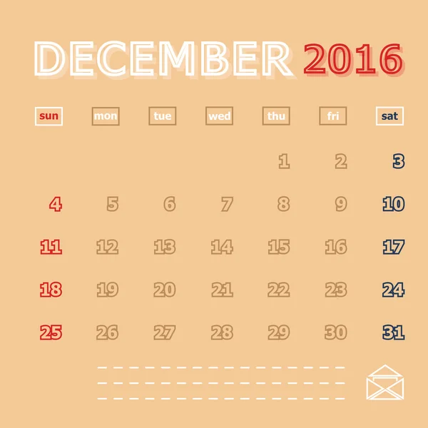 Dicembre 2016 modello di calendario mensile — Vettoriale Stock