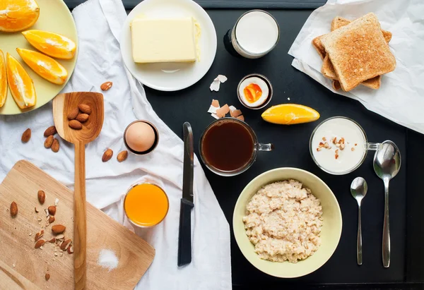 Regulae Set Desayuno Tostadas de café Vista superior del huevo — Foto de Stock