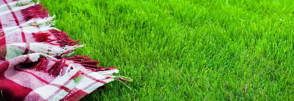 Rutig Pläd picknick grönt gräs sommartid — Stockfoto