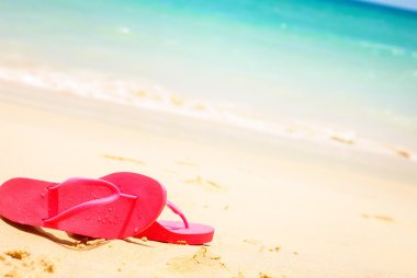 Tatil aksesuarları terlik plaj deniz kum üzerinde