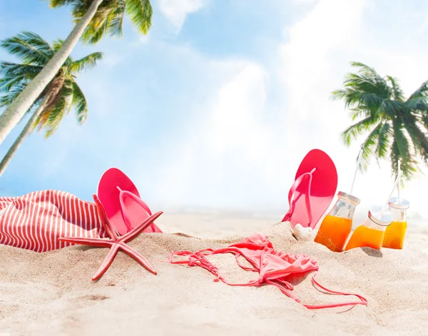 Accessories Sand Beach Orange Juice Bikini Slipper — Stock Photo, Image