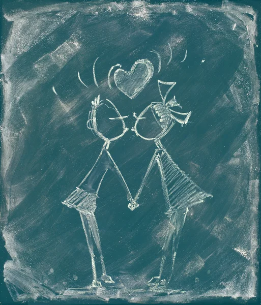 Beijo de casal jovem. Desenho de mão em Turquesa Chalkboard — Fotografia de Stock